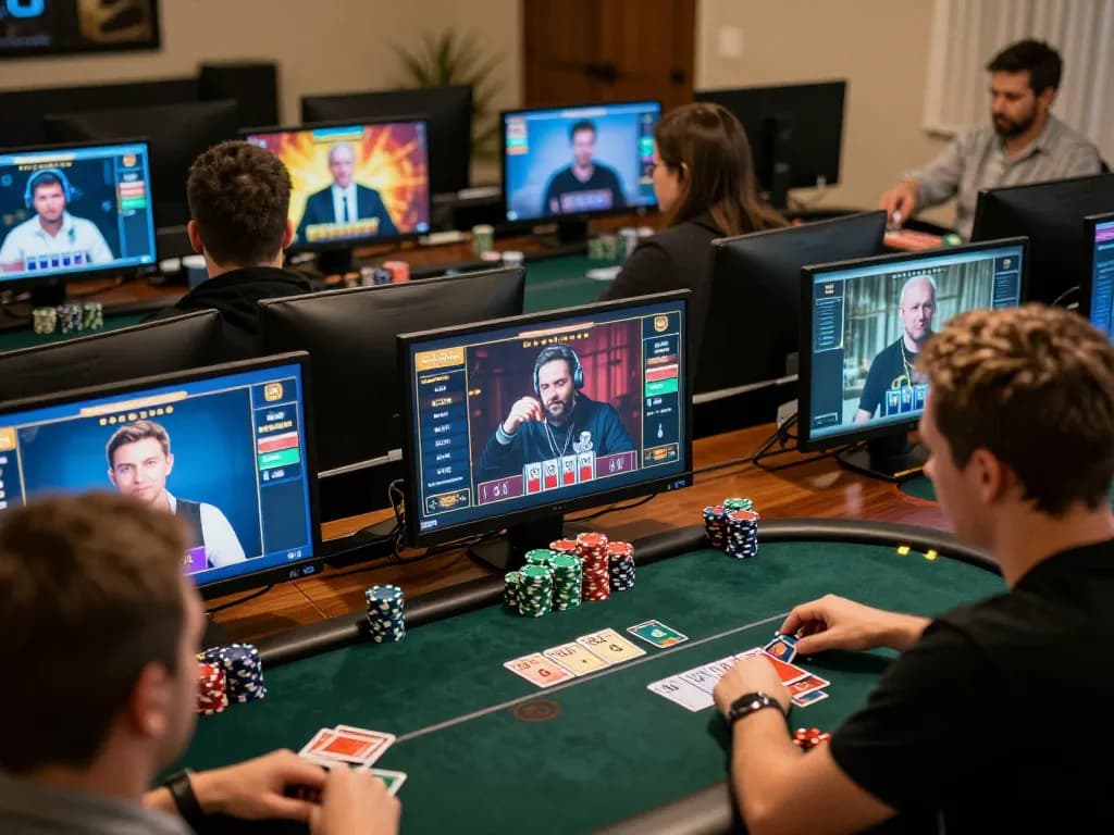 Engaged players strategizing in LINK SC88 online poker tournament, vibrant game interface, focused gameplay
