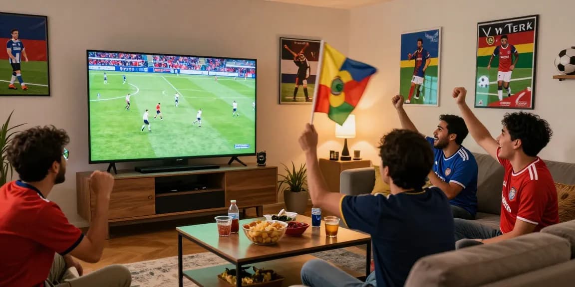 Fan enjoying kora live football match with friends at home, celebrating with snacks and team colors.