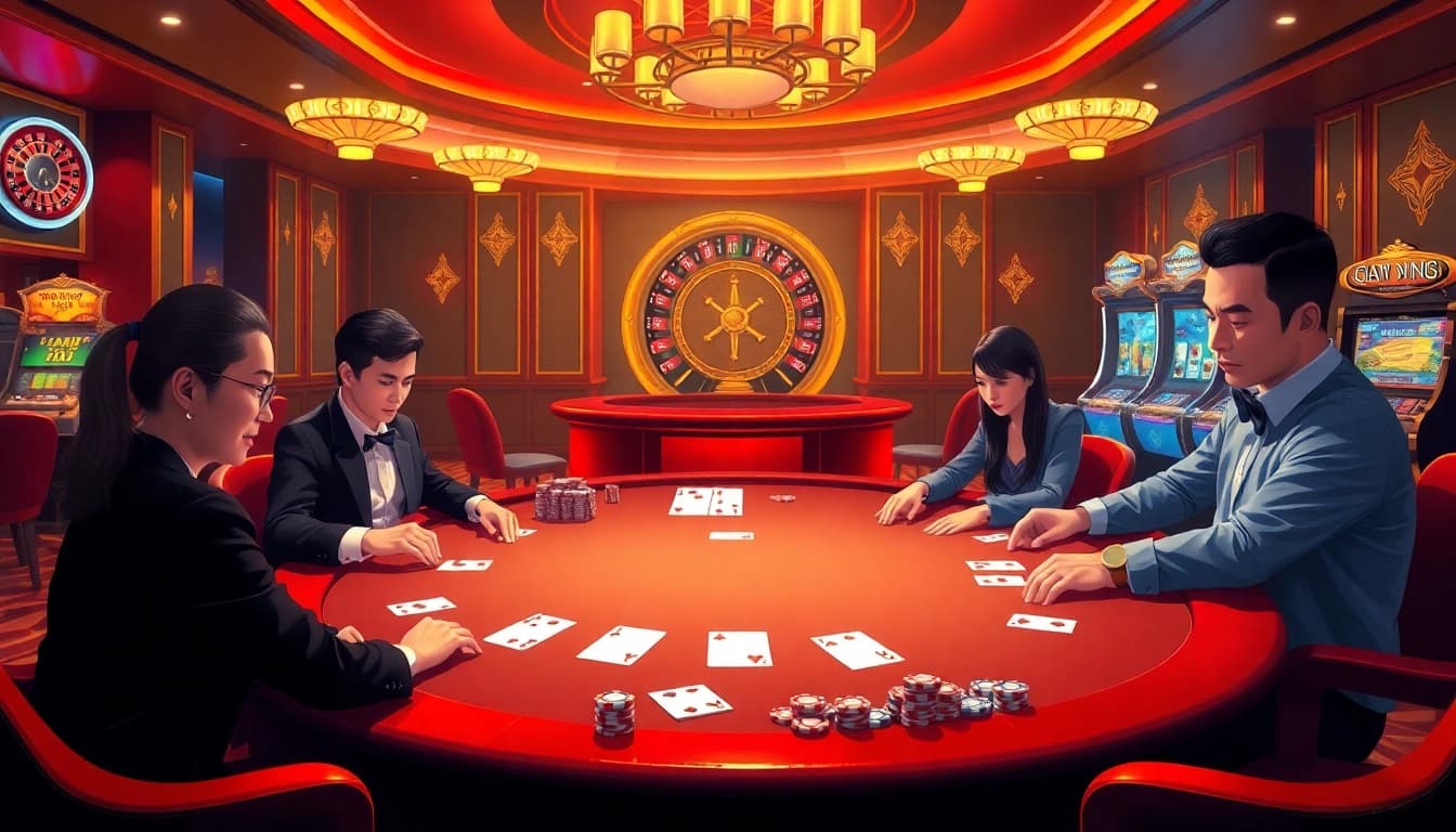 Exciting poker game at Nhà cái XX88, showcasing luxury chips and professional players.
