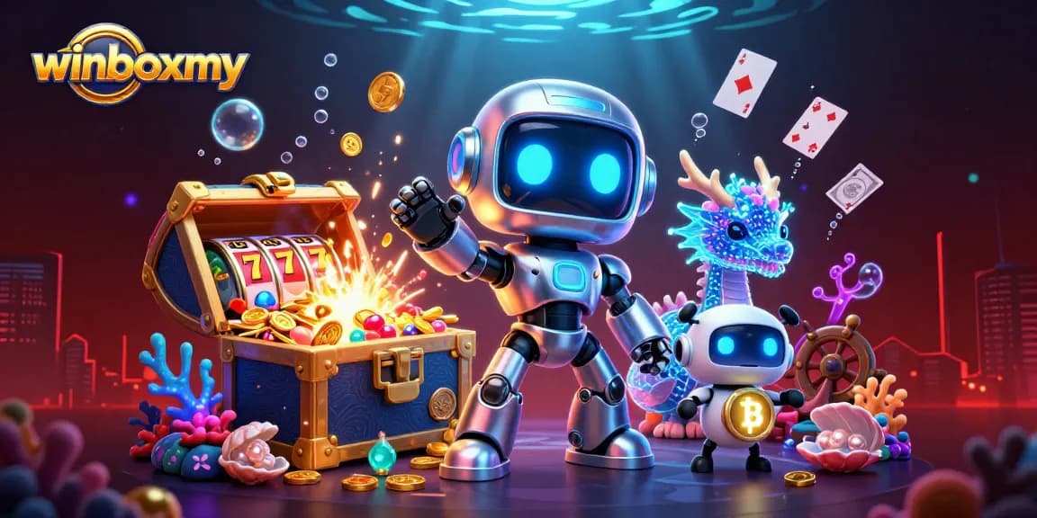 winboxmy unleashes thrilling gameplay with a vibrant 3D cyberpunk casino scene featuring dynamic slot elements