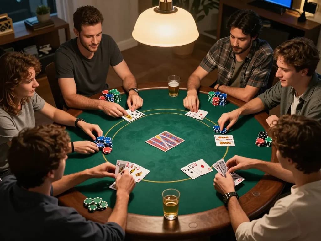 Players enjoying a thrilling poker game at home, showcasing excitement with PG88 strategies involved.