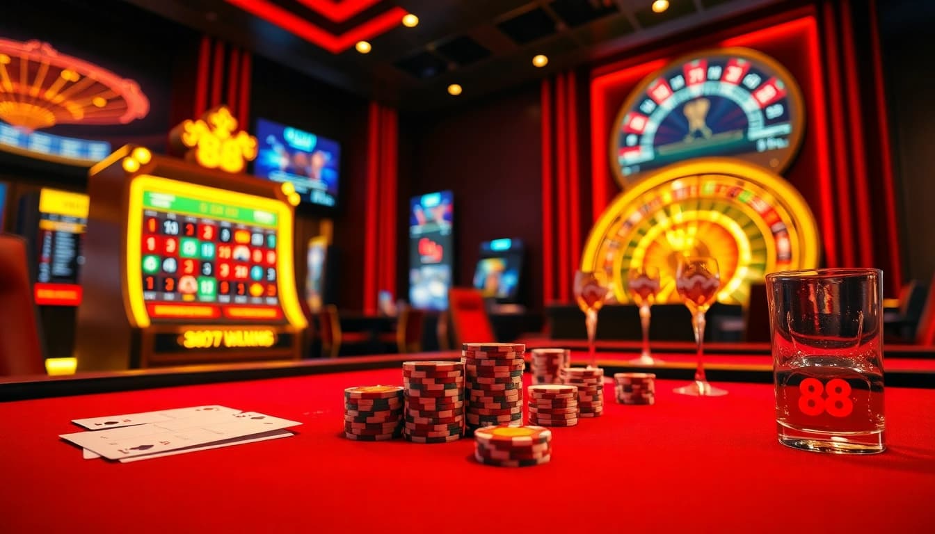 A vibrant go 88 online casino scene featuring a luxurious poker table and modern slot machine.