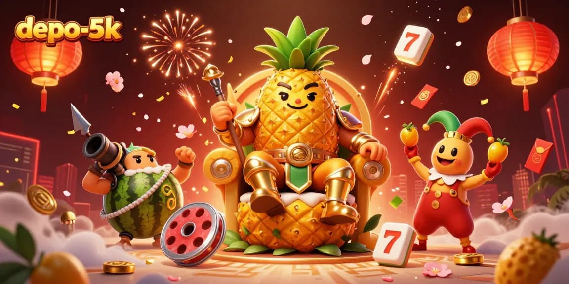 Spin and win big with depo-5k's animated casino scene featuring vibrant characters and symbols.