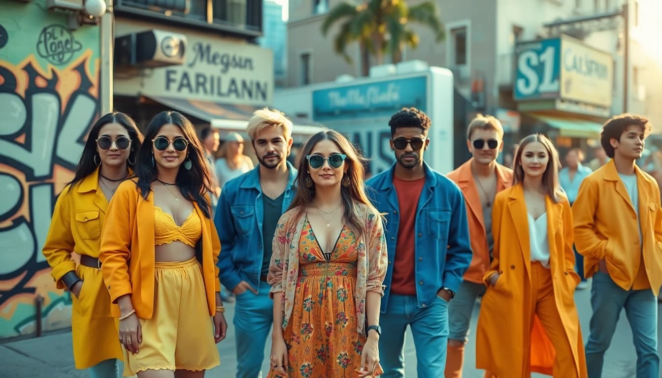 Fashion enthusiasts showcasing diverse styles in a vibrant urban setting.