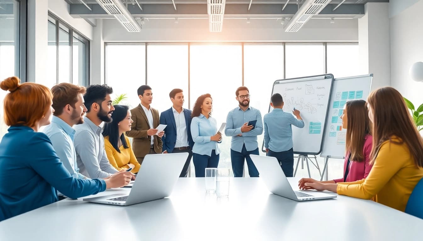 Showcasing a collaborative team working on Saas software development in a vibrant office