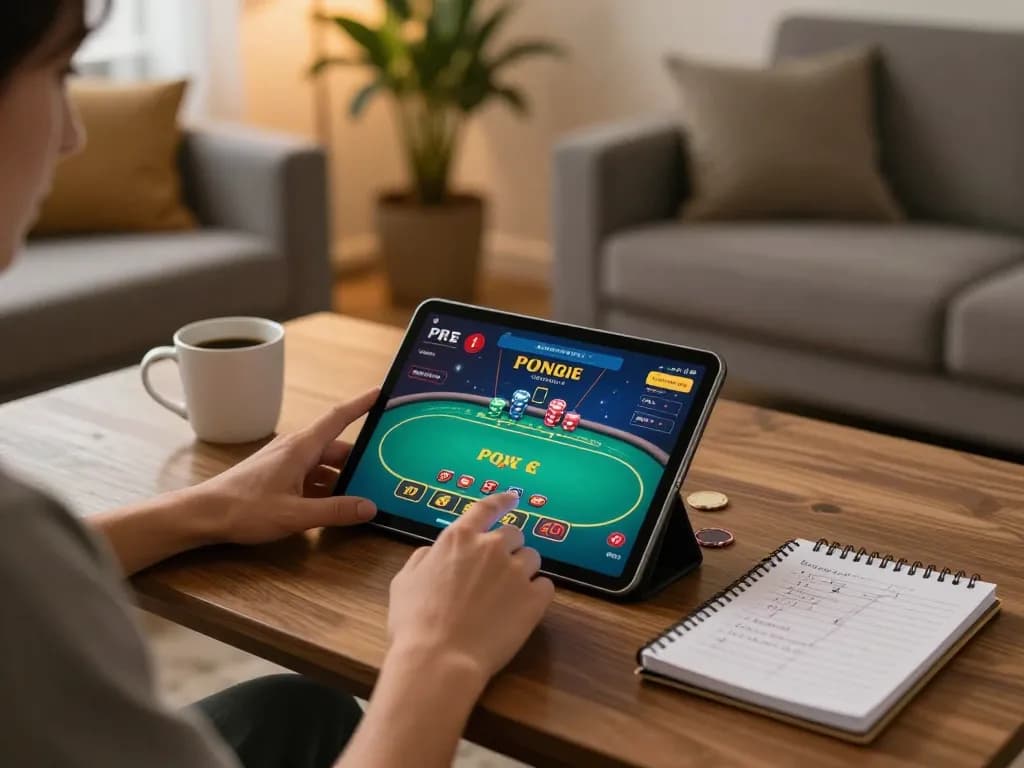 Engaged in online poker gameplay, đăng ký dn88 on a tablet while tracking strategy notes on the side.