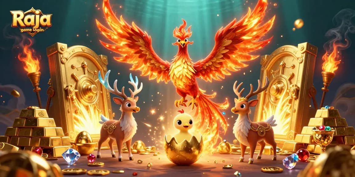 Engage in Raja game login to a thrilling scene with a fire phoenix and rich treasures.