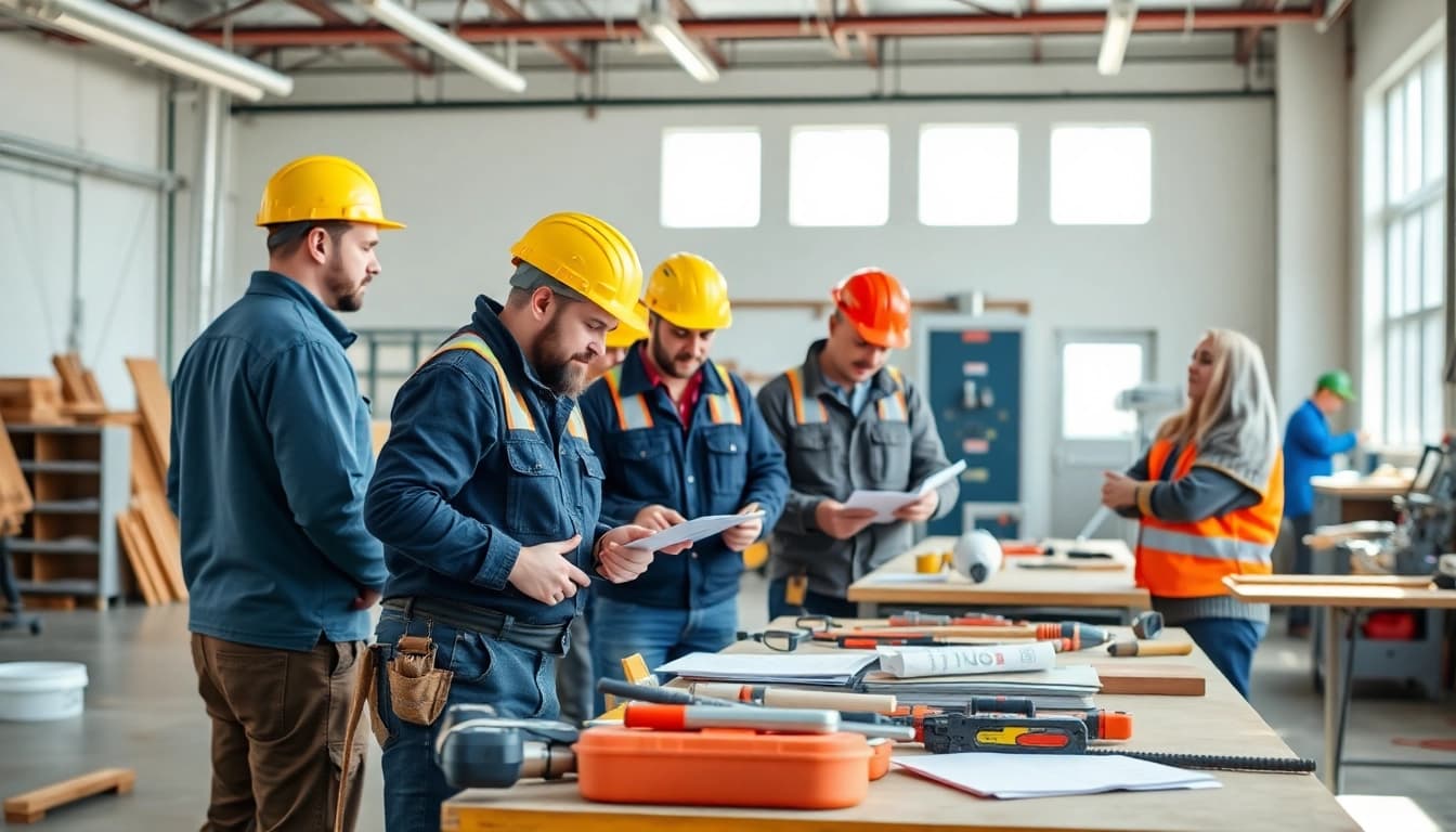 Highlighting contractor apprenticeship training with students actively learning and working in a modern workshop.