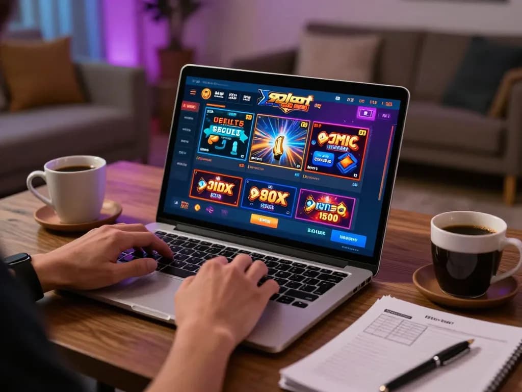 Engaging online gaming session at 92slot with laptop displaying casino games and strategy notes