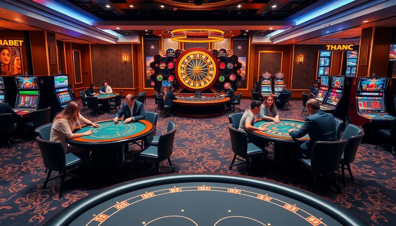 Engaged players at thabet casino playing poker and blackjack on a luxurious casino floor.