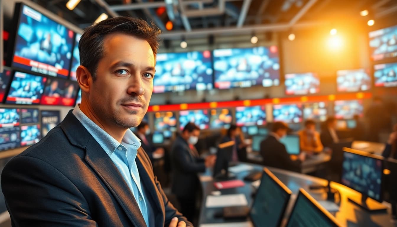 Covering the latest news with focus and intensity in a modern newsroom.