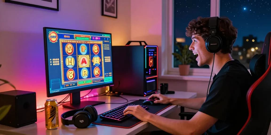 Player enjoying slot deposit 1k gaming experience at home with vibrant lights and accessories.