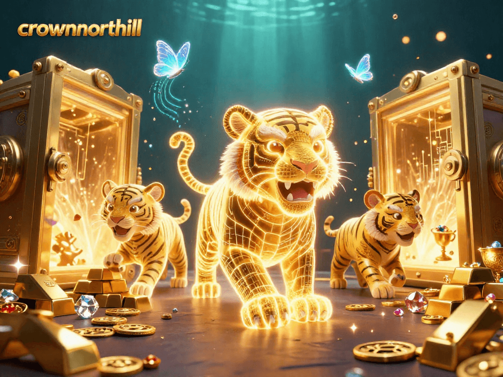Crownnorthill features a dazzling digital casino landscape with a luminous tiger and holographic butterflies.