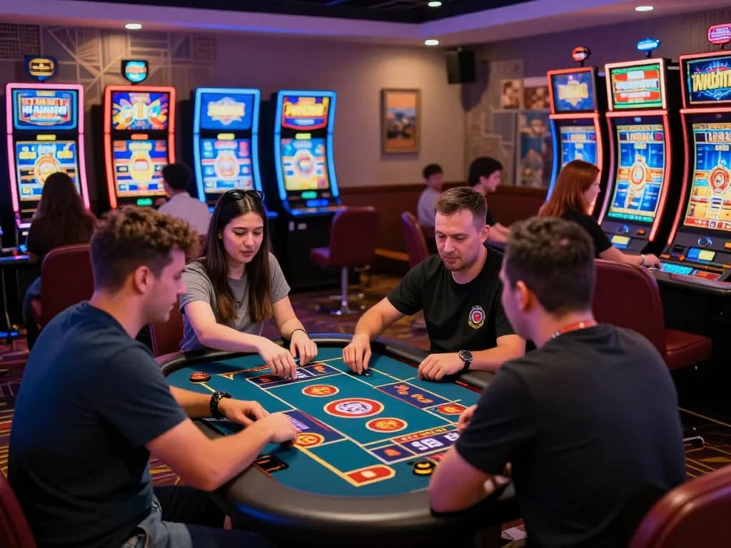 Engaging casino hubet88 scene with diverse players enjoying various games.