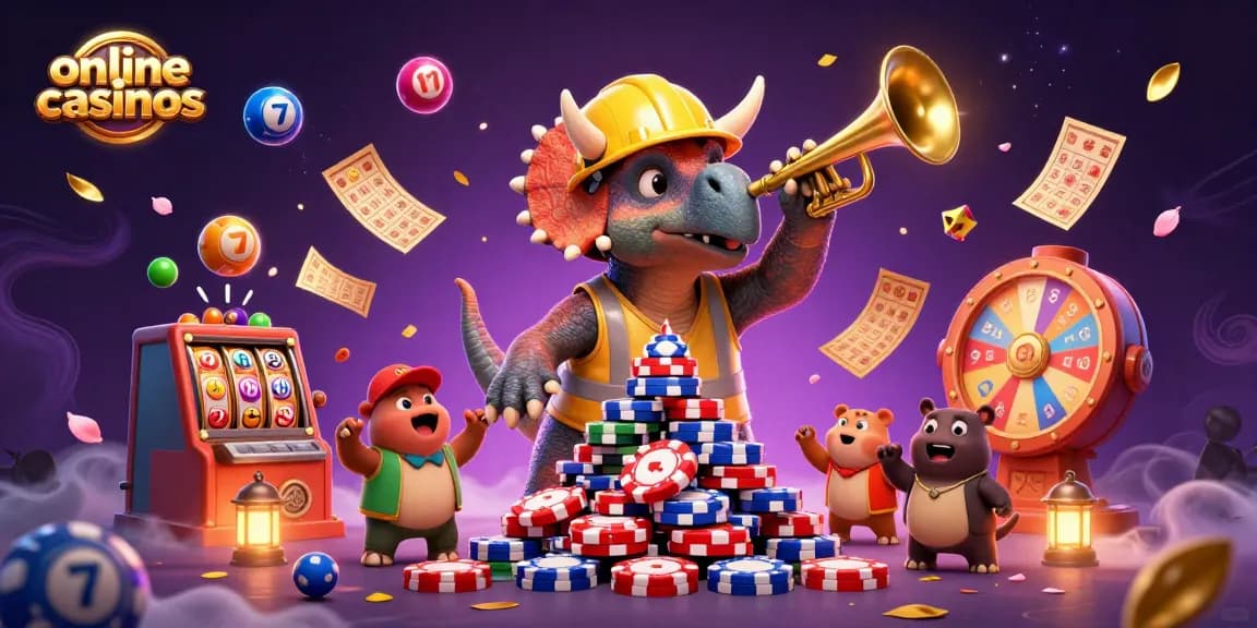 Exciting scene showcasing online casinos with dinosaurs and casino elements in a vibrant illustration