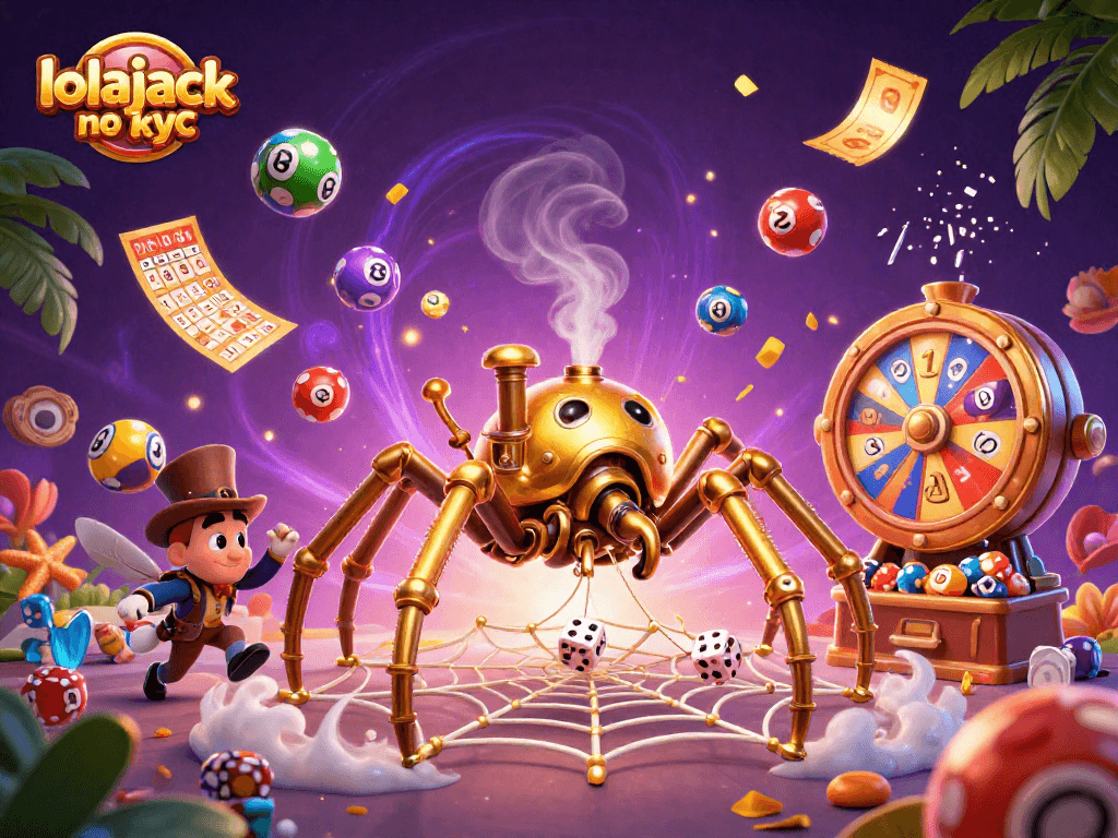 Engage with lolajack no kyc in a vibrant, dynamic casino scene featuring steampunk elements and lottery games.