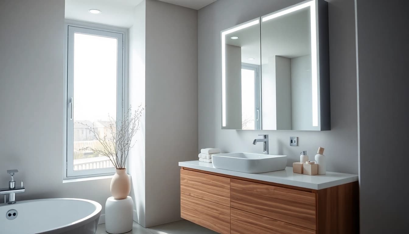 Beleuchte sonni Spiegelschrank im modernen Badezimmer mit eleganten Details