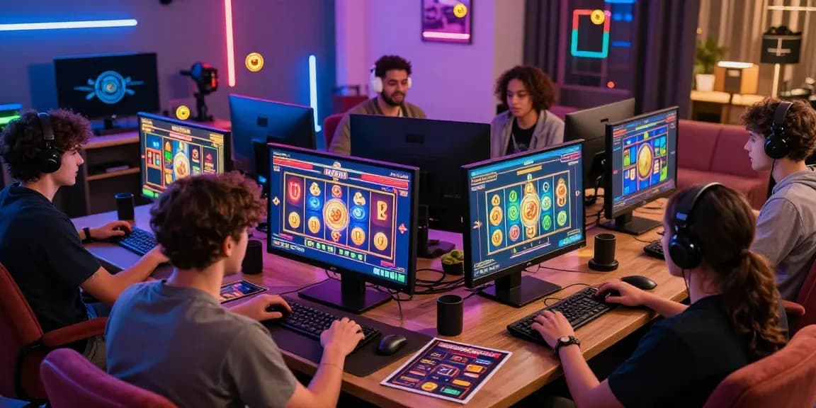 Players enjoying non UK slots from home, vibrant visuals and gaming excitement.