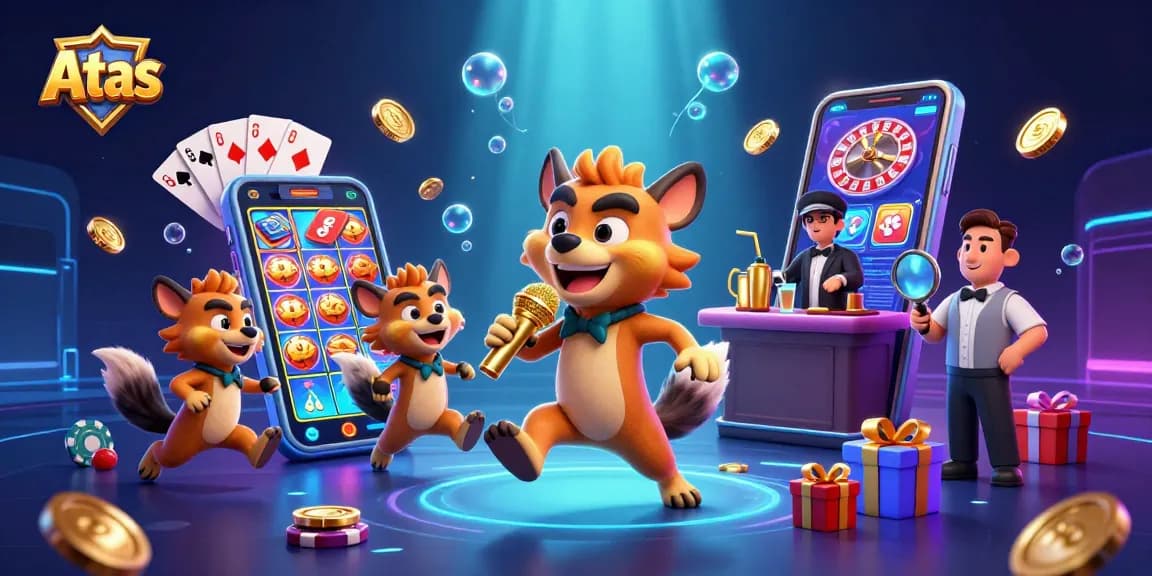 Atas comedy casino scene featuring hyenas with vibrant slot games and glowing effects.
