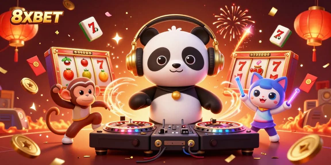 Spin to win big with 8XBET's vibrant gaming scene featuring dynamic characters and casino elements.