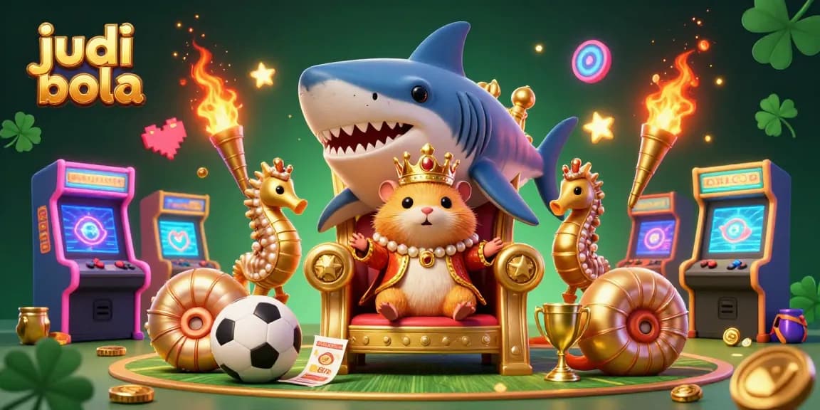 Bet on judi bola with a vibrant 3D gambling scene featuring a golden hamster king and sports elements.