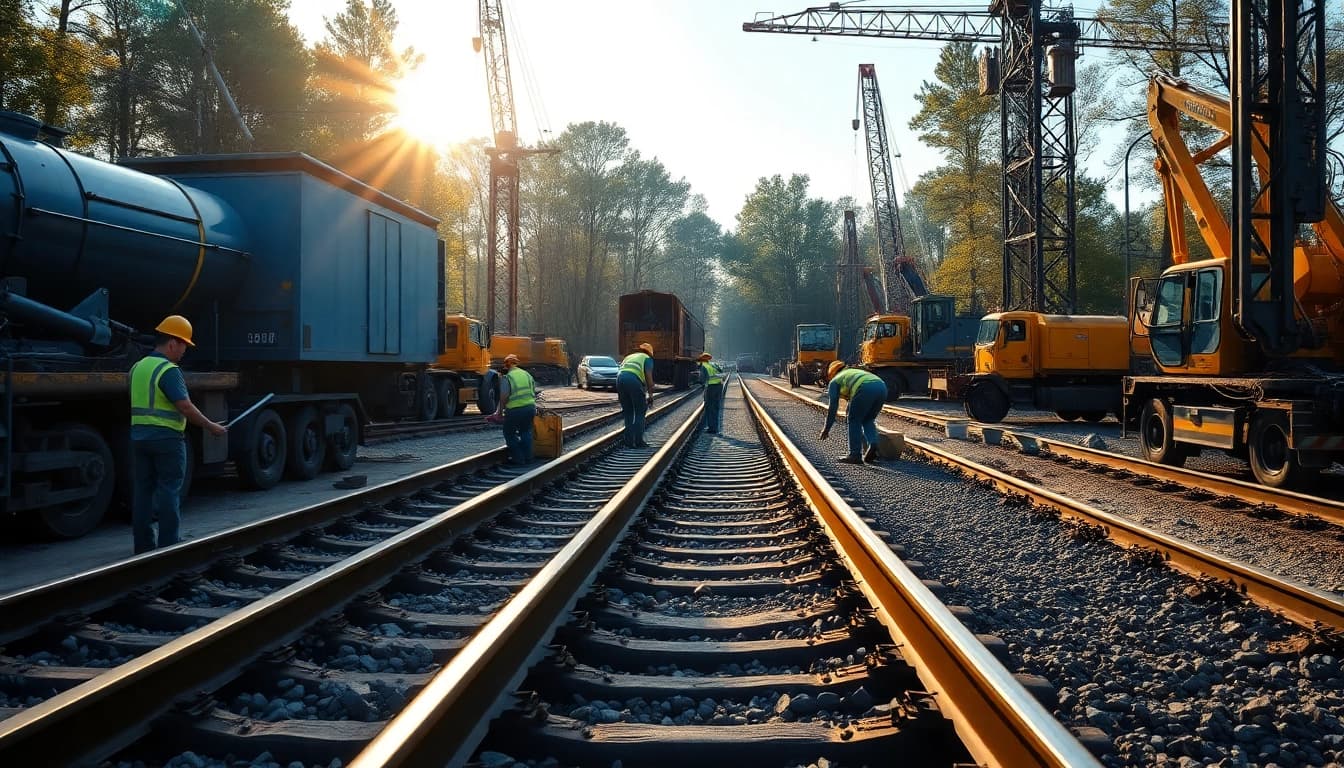 Workers engaged in railroad construction, focused on laying tracks in a busy area.