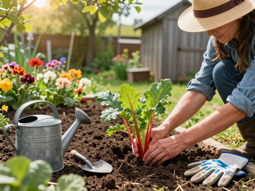Planting vibrant rabarber planten in a sunny home garden with colorful flowers and gardening tools.