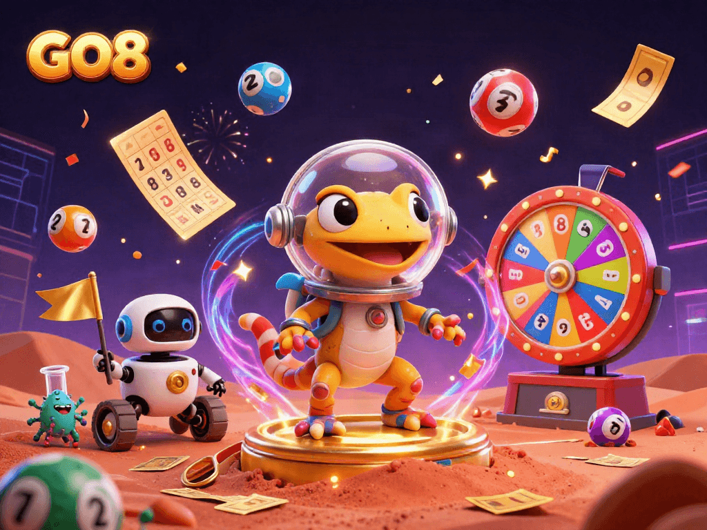 GO8 lottery excitement with a Martian gecko and alien cheerleaders in a vibrant casino
