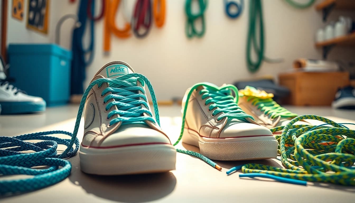 Compare the Lace Lab vs. Stock Laces on vibrant sneakers showcasing unique lace styles.