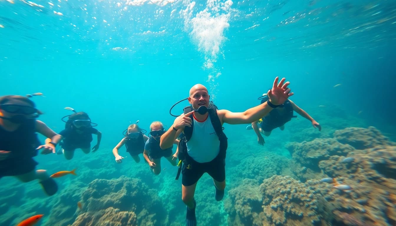Tauchschule mit einem Tauchlehrer, der Anfänger im klaren Wasser unterrichtet.
