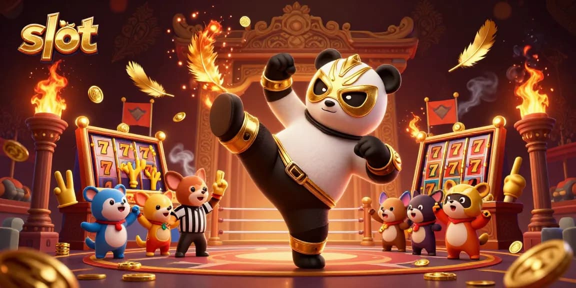 Slot gacor dengan panda pegulat terbang dan anjing wasit, suasana ramai di arena.