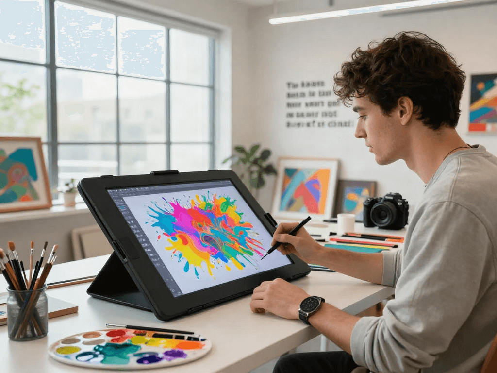 Artist creating AI-driven artwork in a bright studio environment with elements of 18+ ai