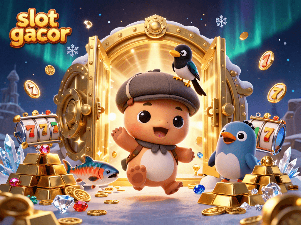 Experience slot gacor excitement with adorable characters amidst dazzling casino treasures.