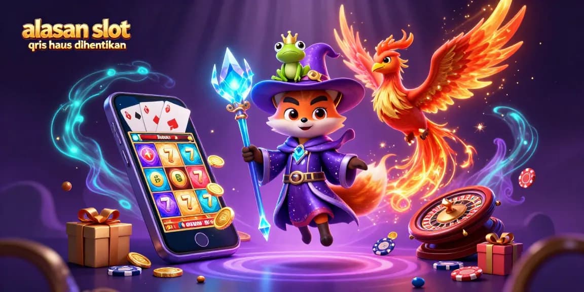 Engage in the magical world of gambling with "alasan slot qris harus dihentikan" featuring a wizard fox, phoenix, and colorful slot games.