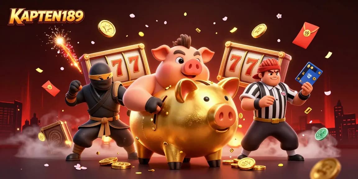Permainan KAPTEN189, bank piggy emas raksasa dan karakter ninja memenangkan koin emas di kasino.