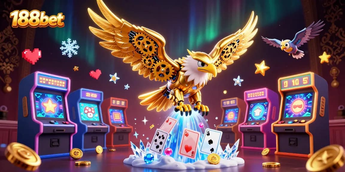 Experience thrilling gameplay at 188bet with holographic cards cascading around a cyber knight eagle.