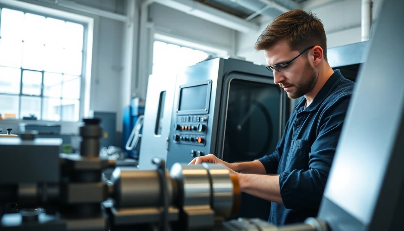 Custom part manufacturer in a CNC machining workshop, showcasing a technician with precision tools.