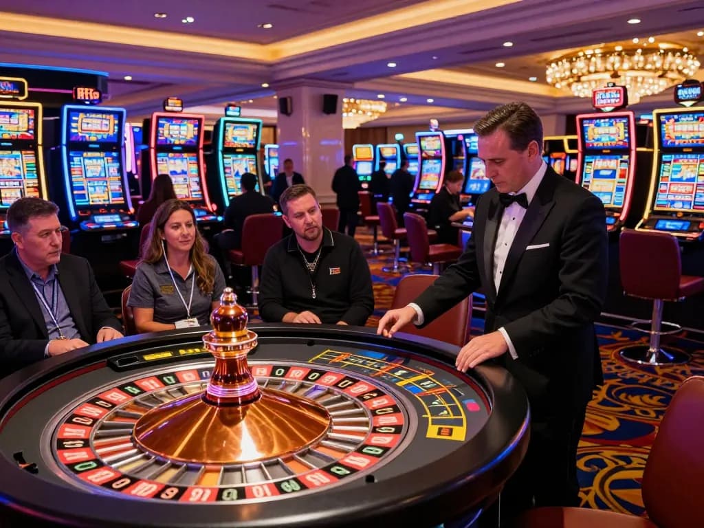 Rasakan kegembiraan roulette di kasino wma-minelife, dengan pemain yang terlibat dan lampu yang cerah.