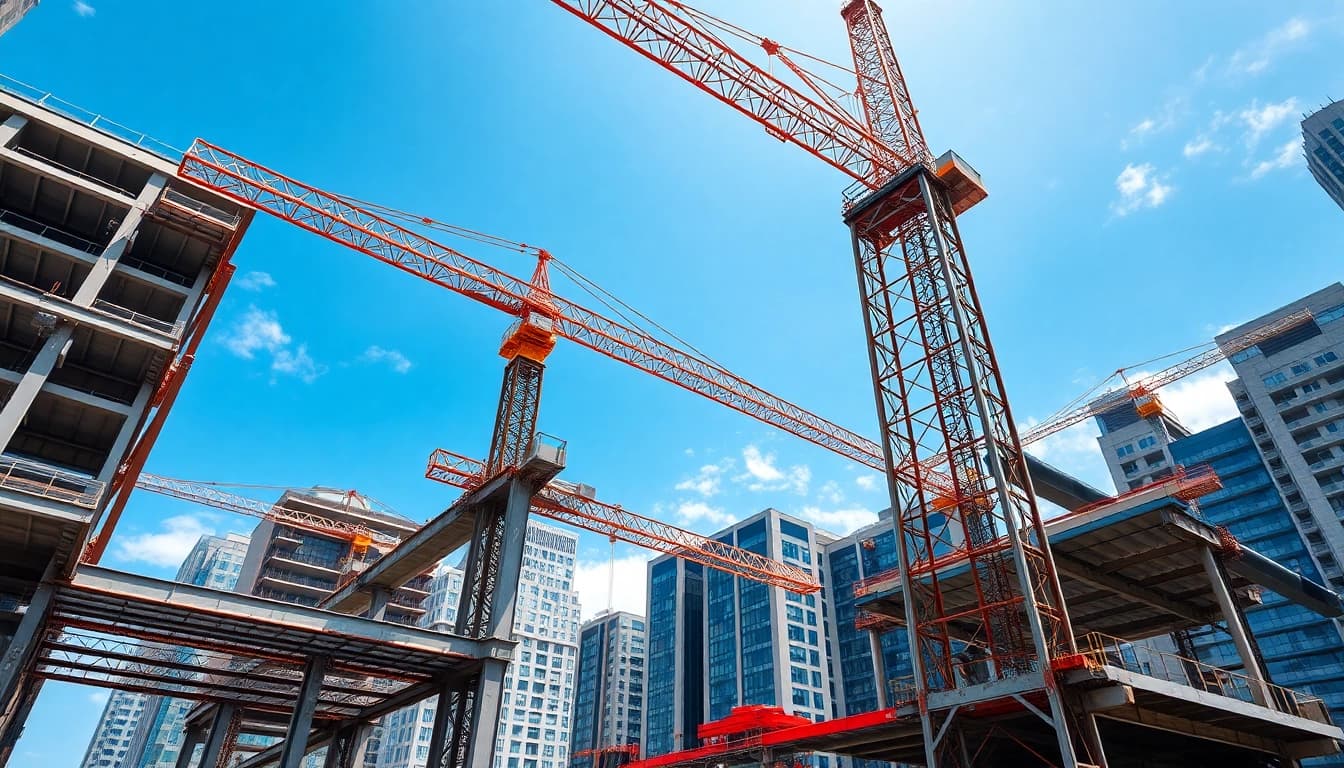 Structural steel construction site with cranes and beams showcasing modern engineering.