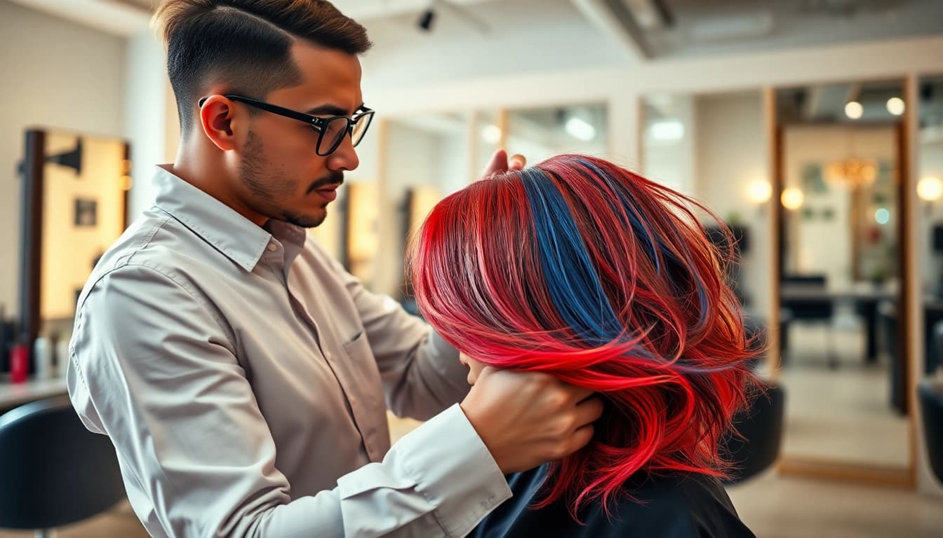Transformare spectaculoasă la un salon de coafura, cu un hairstylist profesionist și un client mulțumit.