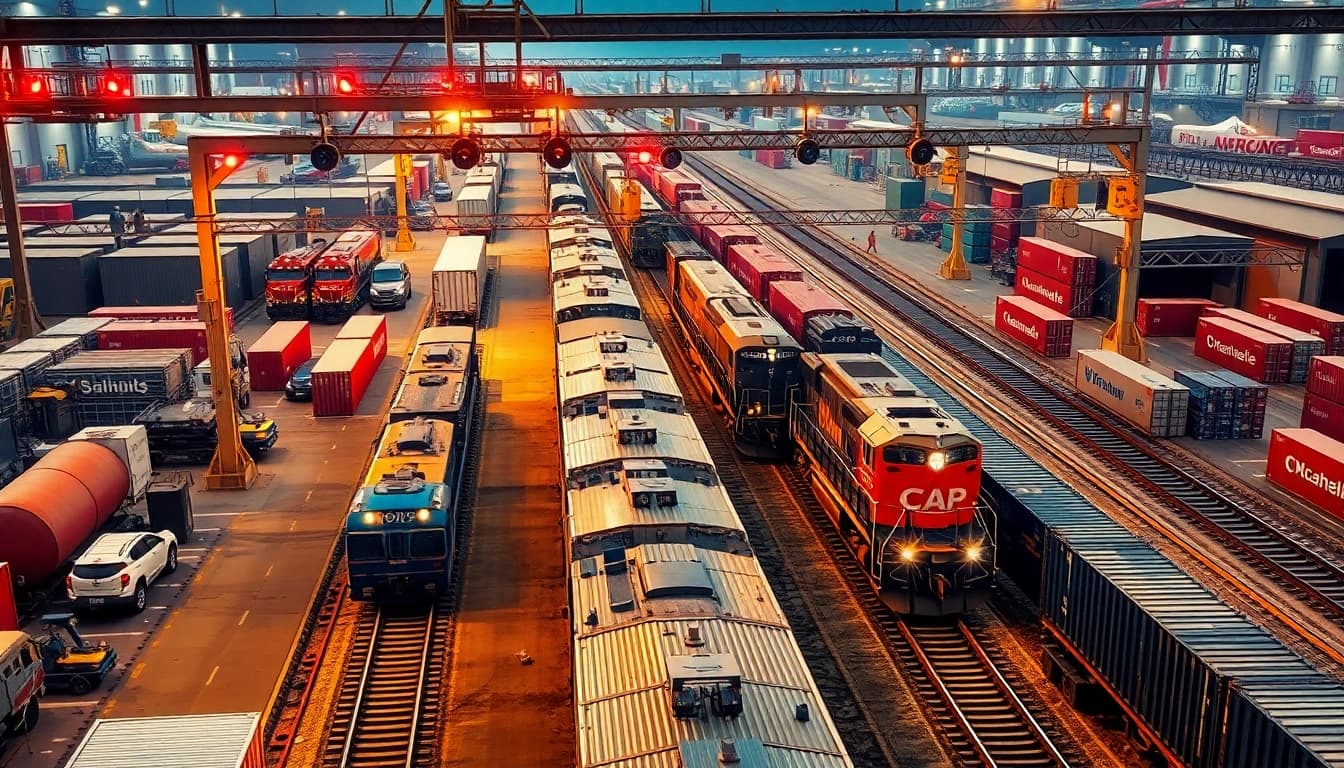 Showcasing north american rail solutions with efficient cargo operations in a vibrant rail yard.