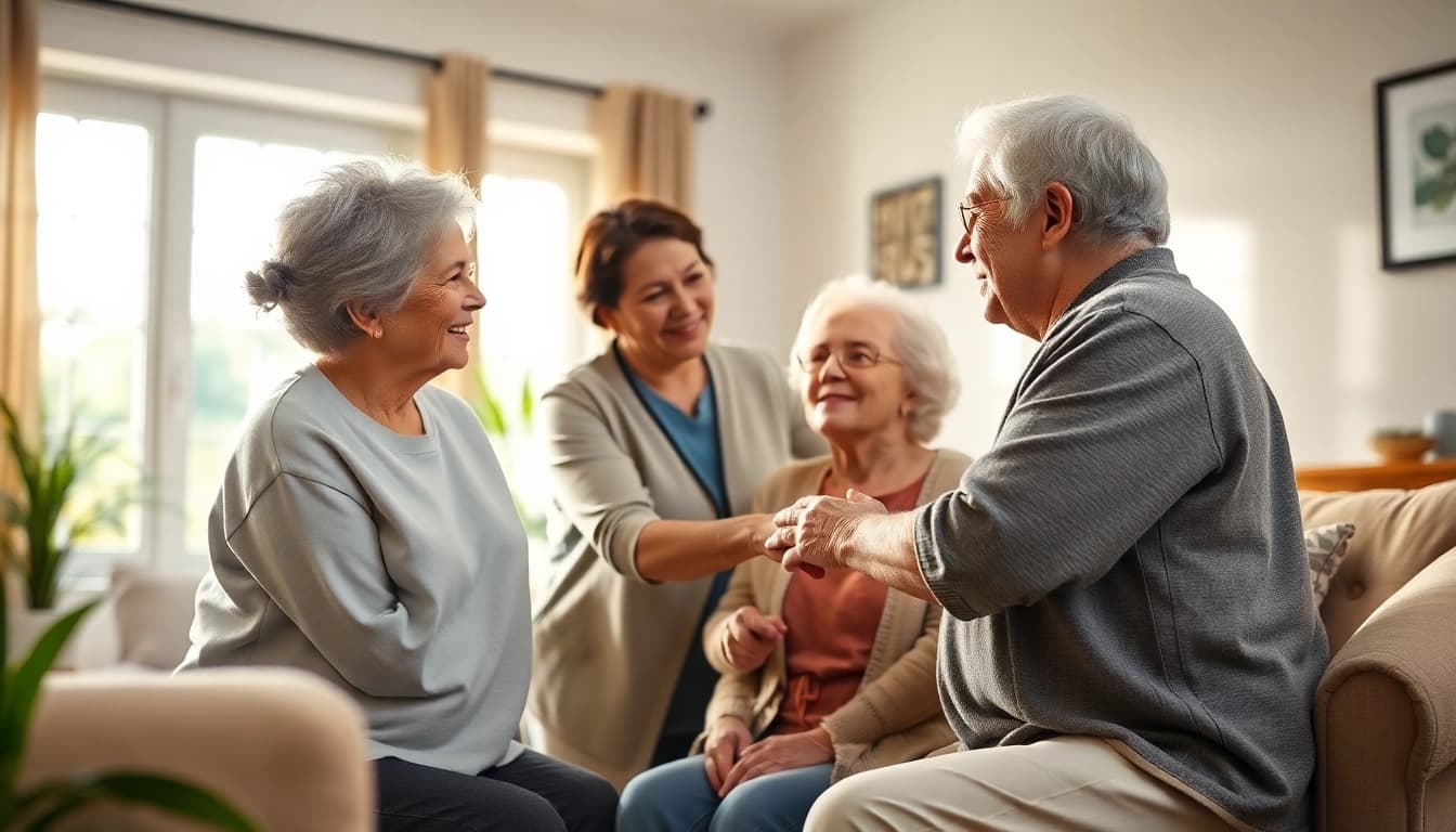 Engaged senior caregivers austin tx providing compassionate support to elderly clients in a warm setting.