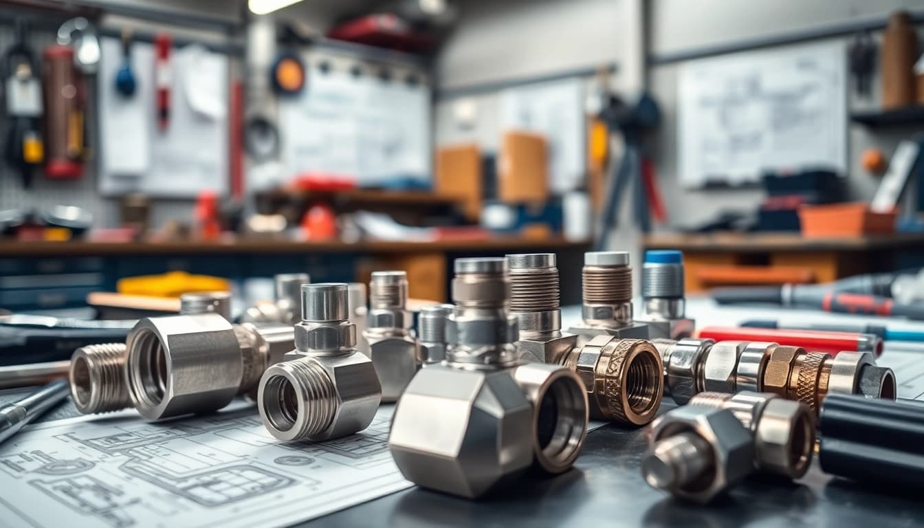 Inspecting high-pressure AN fittings with precision tools in a detailed workspace setup.