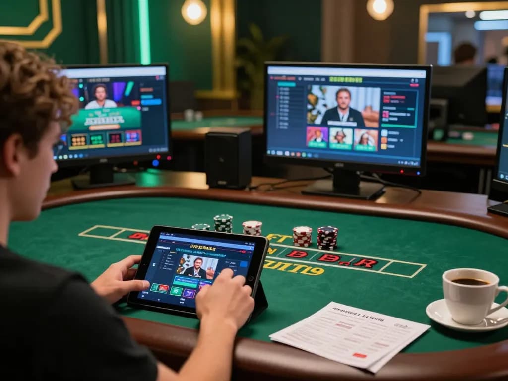 Player enjoying live blackjack on fly88 gaming setup, showcasing excitement and strategy.