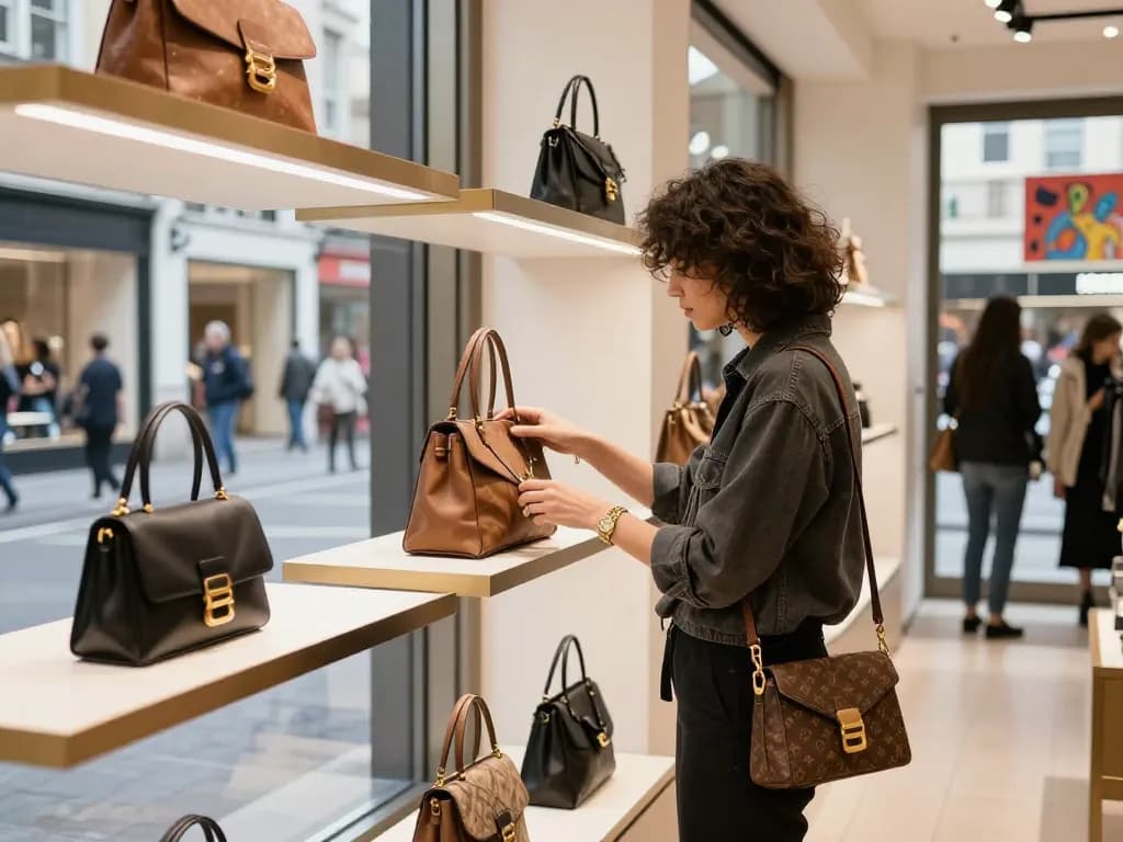 Fashion enthusiast exploring a luxury 레플리카 boutique filled with stylish products.