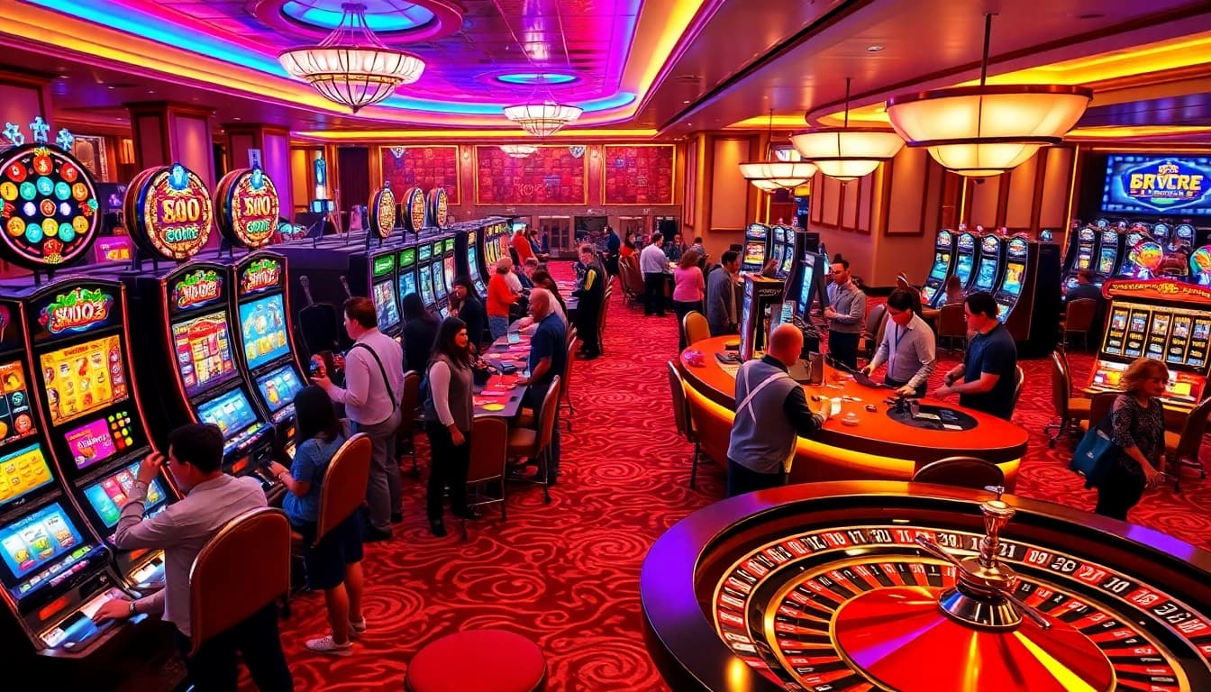 Rasakan sensasi permainan slot pulsa di lingkungan kasino yang penuh warna bersama pemain yang antusias.