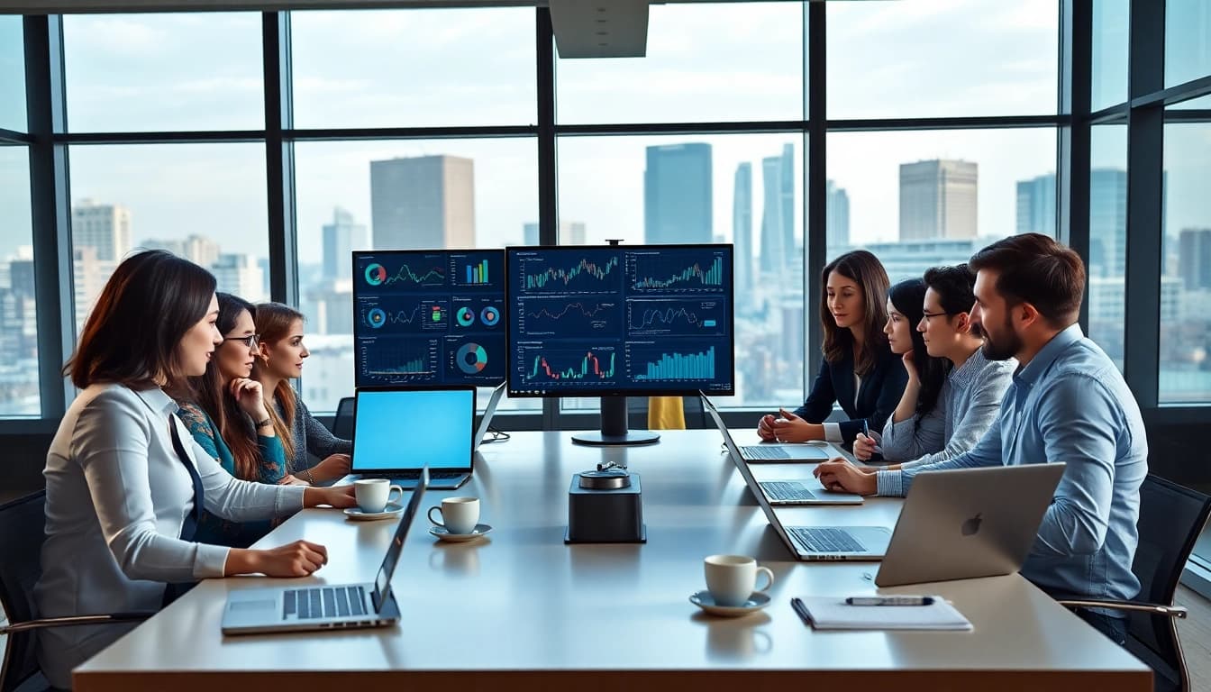 View of a team at https://www.maeden.com/en, collaborating on digital marketing strategies in a modern office setting.