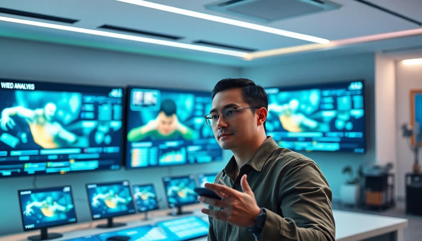 Video to prompt technology illustrated in a modern workspace with AI video analysis.