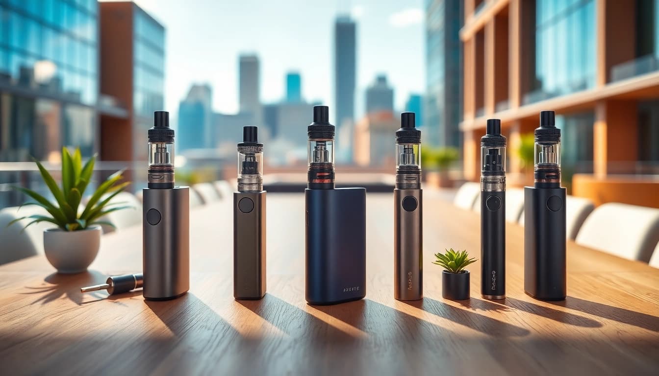 Vapes auf einem eleganten Tisch, gut beleuchtet mit urbanem Hintergrund.
