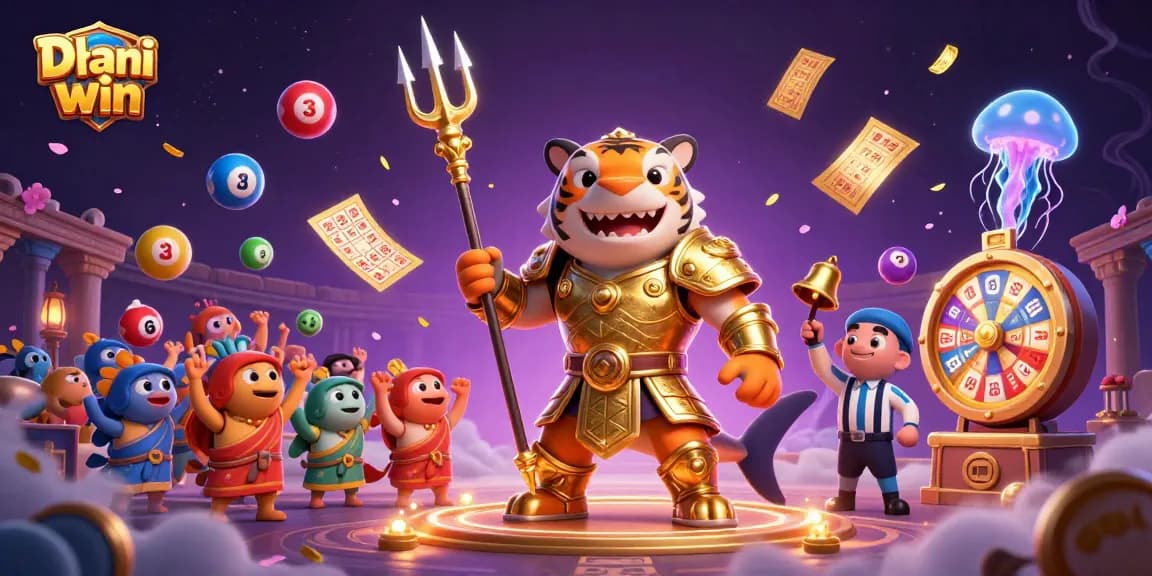 Dhani win immersive gaming scene featuring a tiger shark hero and lottery action.